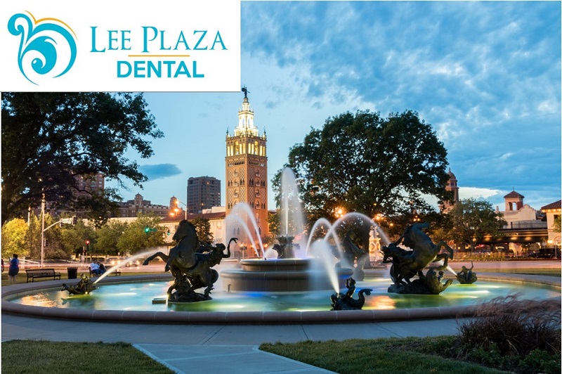 Lee Plaza Dental plaza fountain with logo