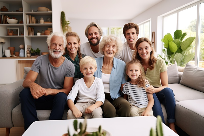 Happy extended multigenerational family sitting together on sofa at home.